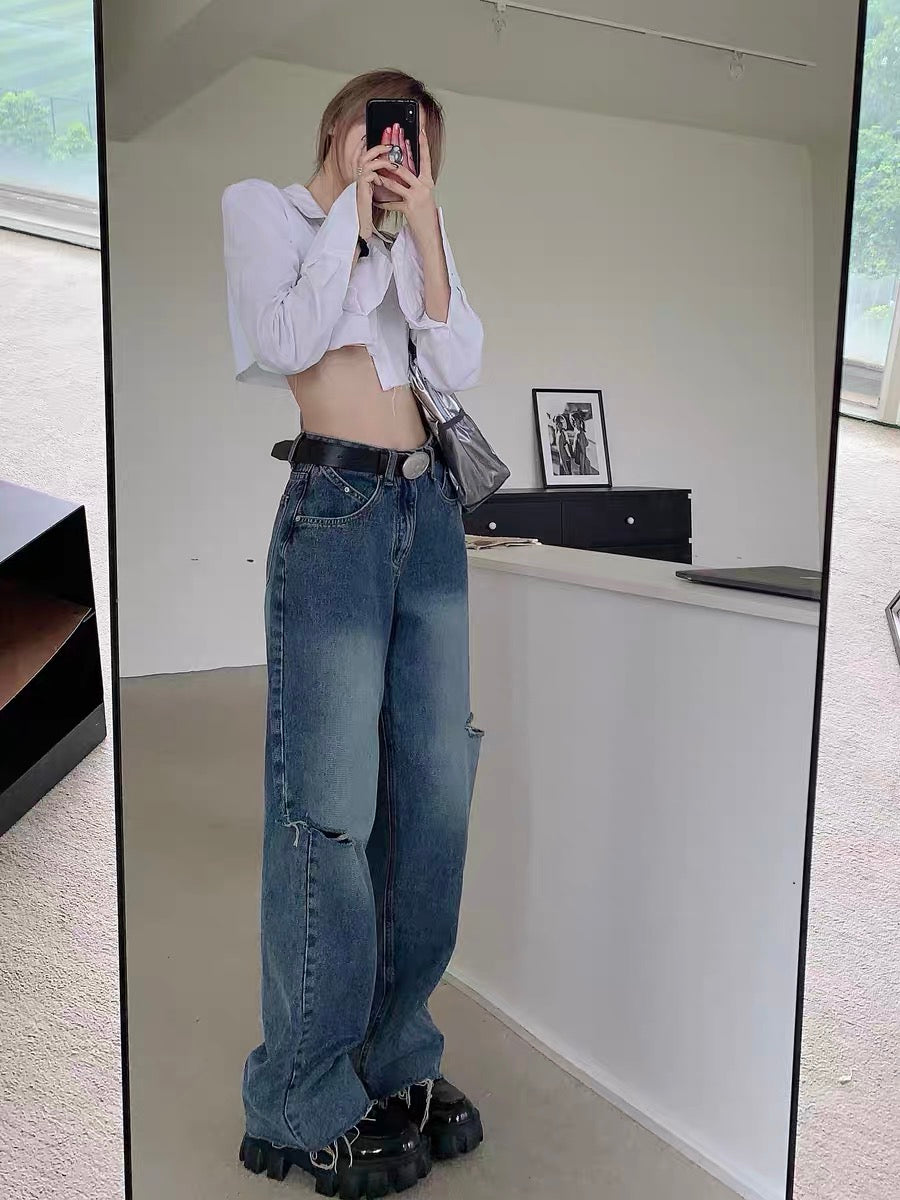 kumikumi blue jeans loose wide leg ripped pants summer raw edge straight pants high waist mopping pants women 2221