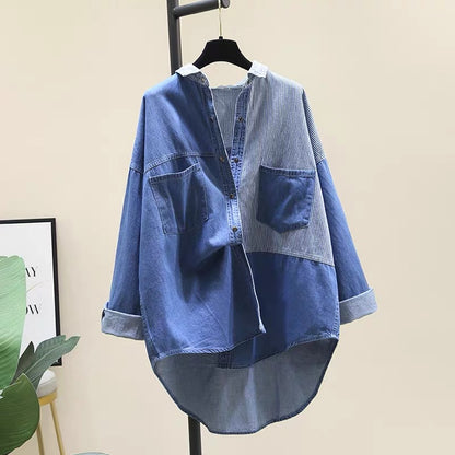 Design sense stitching striped denim shirt women's 2022 spring new French style front short back long top long-sleeved coat