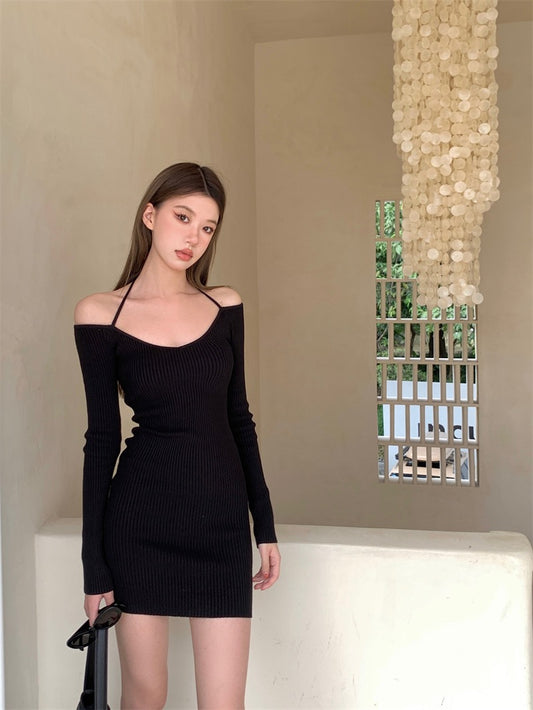 Korean version of sexy long-sleeved knitted dress women's autumn self-cultivation design sense niche hanging neck skirt bag hip skirt