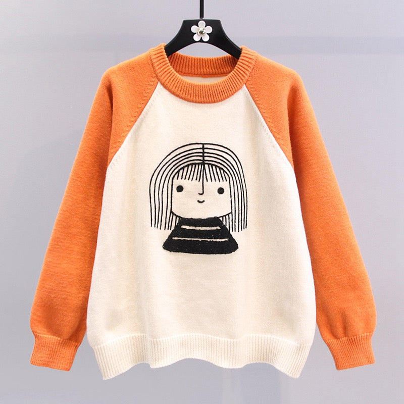 Contrast color cartoon girl pullover sweater female autumn and winter 2023 new Japanese style loose design bottoming knitted top