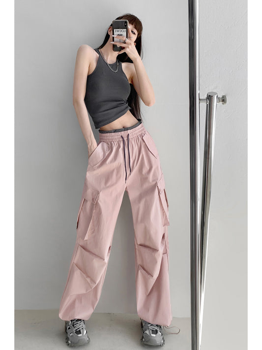 Cosmic sweetheart pink cool sassy overalls women's summer loose wide-leg pants thin section pressed pleated straight-leg mopping trousers trendy