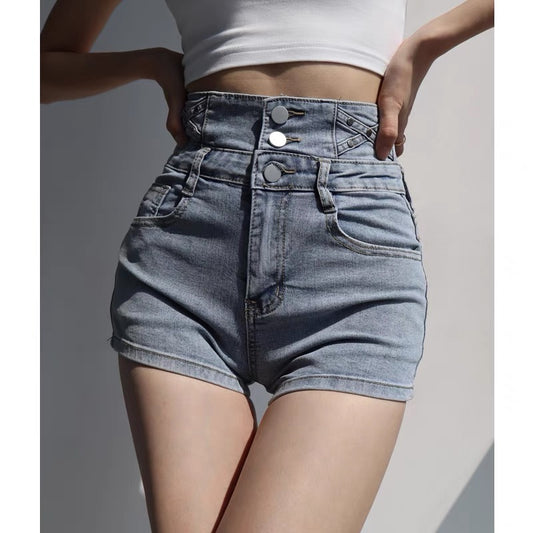 Europe and the United States, high waist, thin and tall, three-button elastic slimming bag hip denim shorts, women's washed and old denim hot pants