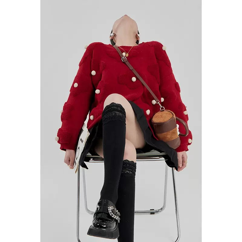 LLL LAB/Red Sweater New Year's Shirt High-quality Niche Chic Atmosphere Lazy Japanese Knit Women's 1639