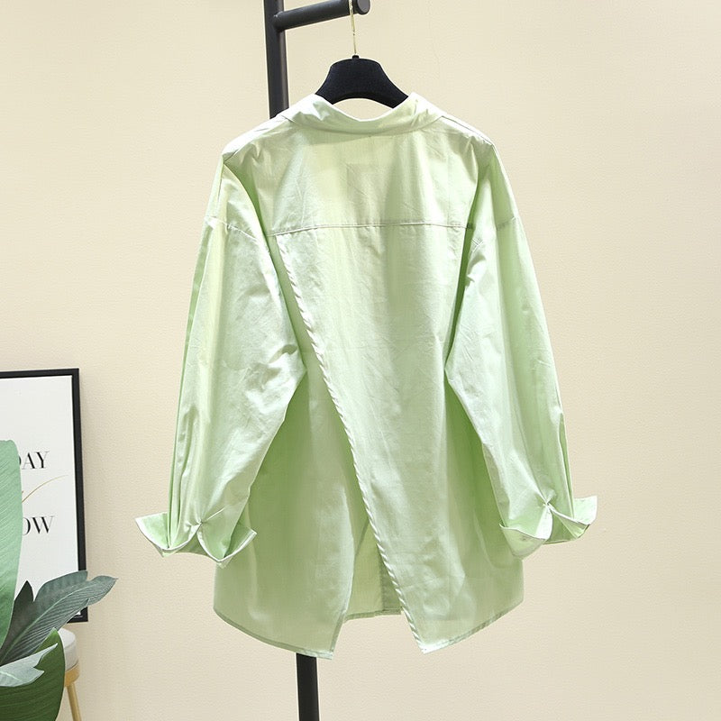 Green design sense shirt women 2023 spring new Korean version loose casual niche shirt long-sleeved chic top