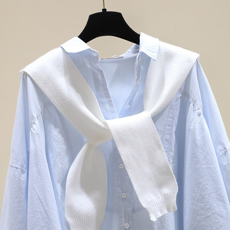 Light blue knitted shawl two-piece shirt women's 2023 spring new loose casual BF style thin white shirt