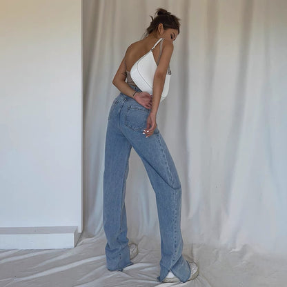 Autumn new style asymmetrical front and rear trousers slit high waist jeans women are thin straight loose mopping trousers women