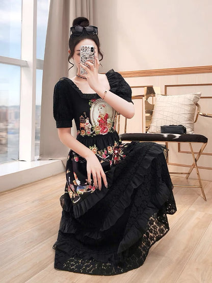 Long skirt is thin and tall summer dress 2022 new women's clothing temperament ladies black retro square collar Hepburn style dress