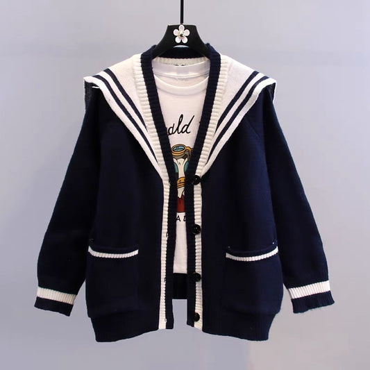 Contrast color navy collar sweater jacket women's autumn and winter 2022 new loose college style western style age-reducing knitted cardigan