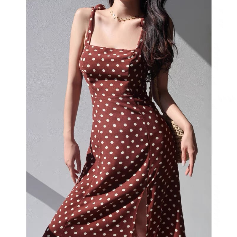 French retro temperament polka dot wide-brimmed suspender dress sexy lace waist slim side slit over the knee long skirt