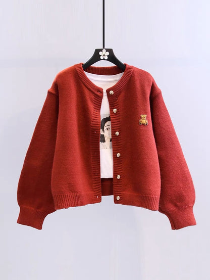 Embroidered bear sweater coat women's autumn 2022 new Korean version loose college style all-match short knitted cardigan