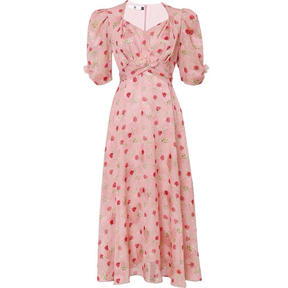 2022 summer dress new retro French tea break dress floral short-sleeved long dress V-neck puff sleeves slim