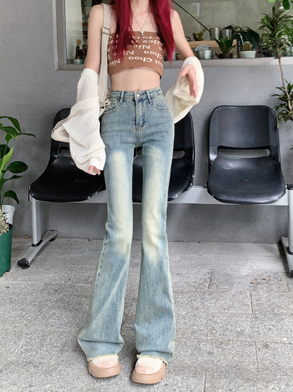 Spice Girls High Waist Raw Edge Retro Jeans Women's Spring and Autumn Small Man Looks Thin Micro Flared Pants Horseshoe Mopping Trousers