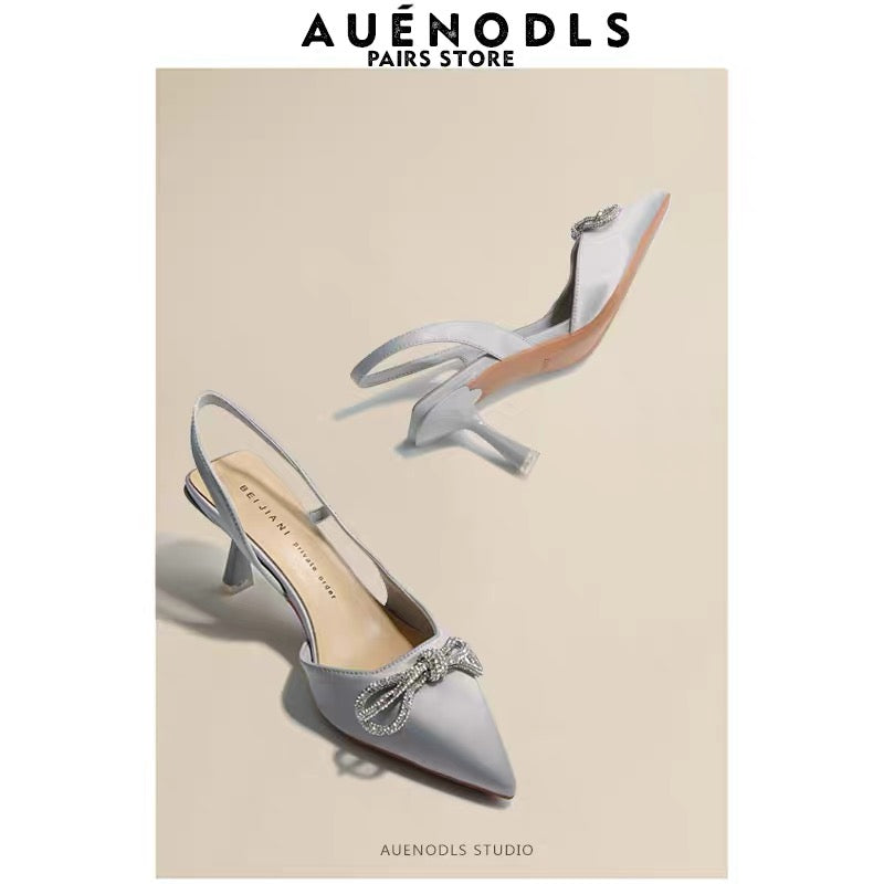 AUENODLS leather light gray bow back empty strap pointed high-heeled shoes French stiletto toe sandals women