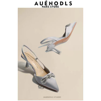 AUENODLS leather light gray bow back empty strap pointed high-heeled shoes French stiletto toe sandals women