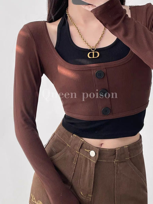 American retro hot girl sports style long-sleeved knitted sweater women's autumn high waist was thin and short cropped camisole suit