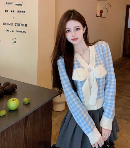 Kalan Yuqi~Korean version of the short style loose outerwear plaid long-sleeved sweater top women's bowknot cardigan sweater