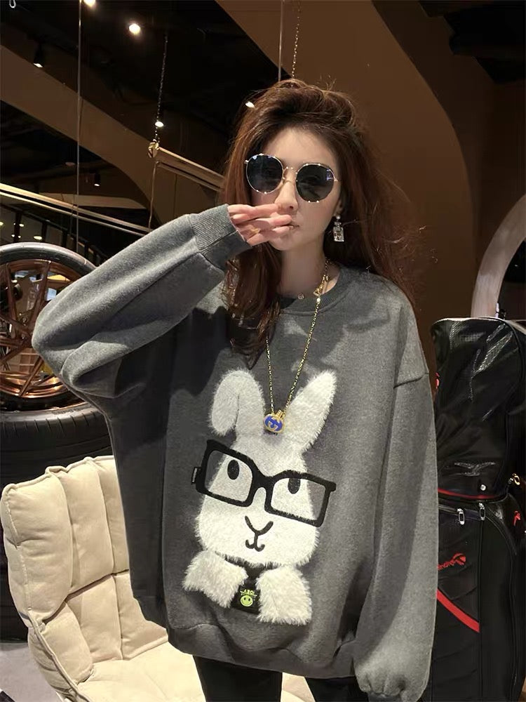 Loose and lazy style gray rabbit sweater plus velvet women's autumn and winter 2022 new European goods niche design top trend