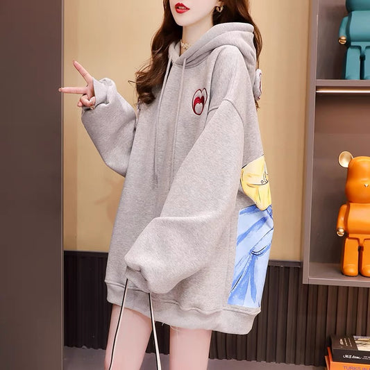 Fleece and thickened hooded sweater women's 2022 new autumn and winter hot style fashion western style age-reducing loose design coat