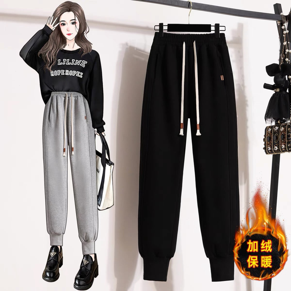 Grey sweatpants high waist and thin 2022 new autumn and winter loose warm plus velvet leggings casual pants