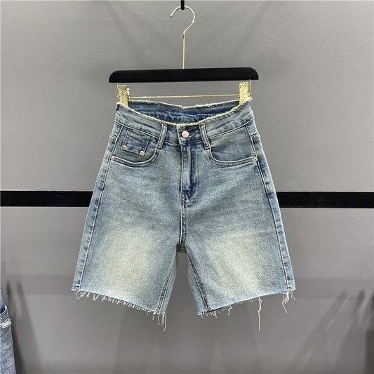 Retro high-waist denim shorts women's five-point pants 2023 summer new raw edge design slimming all-match straight pants