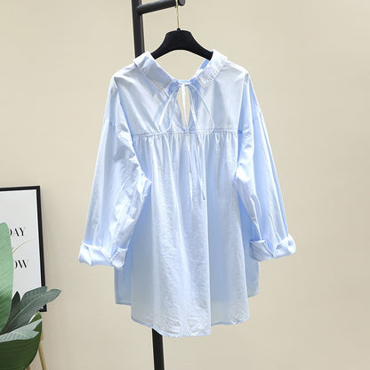 Blue loose large version lace-up shirt women 2023 spring new Korean version age-reducing design sense shirt chic top