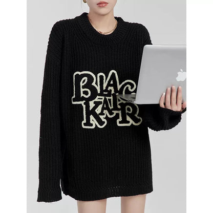 LLL LAB / high-end super good-looking sweater loose and lazy style letter hollowed out early autumn design sweater black 1646