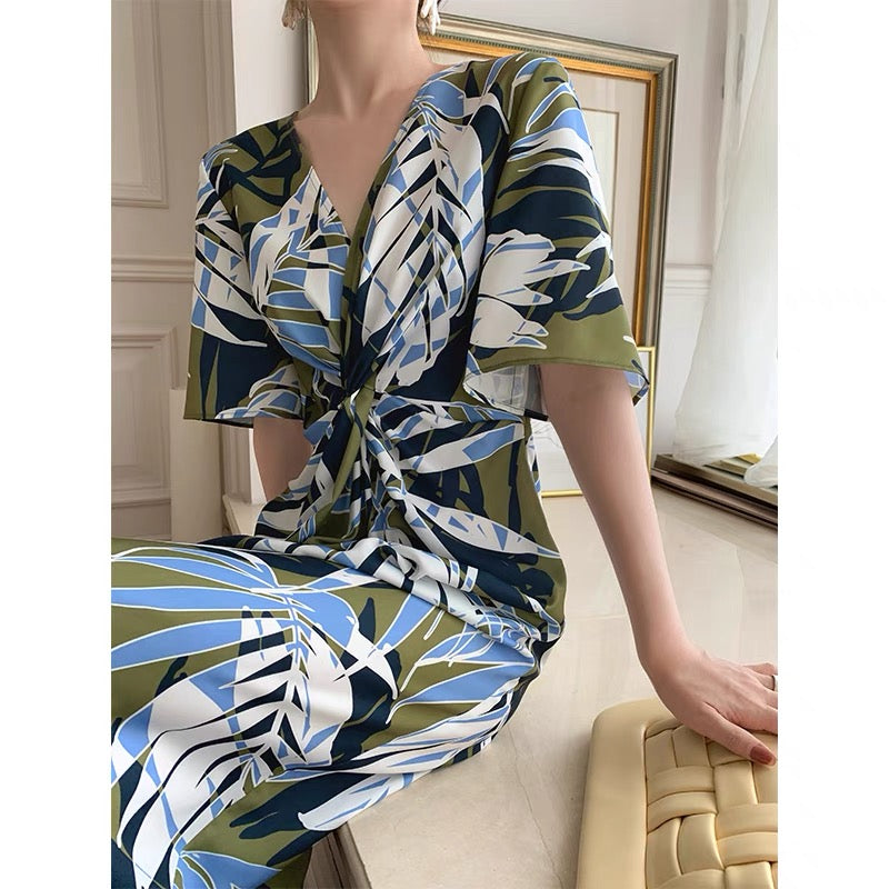 MONA original summer elegant romantic style V-neck print interwoven twist floral design dress women