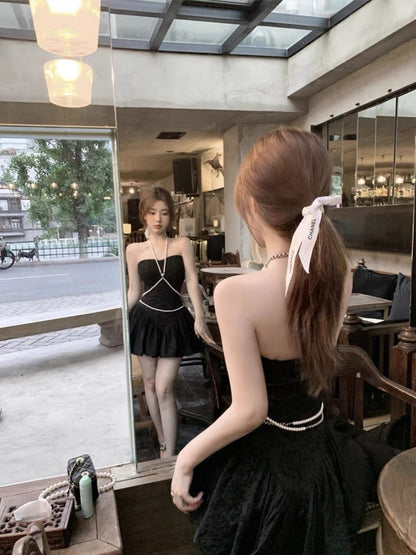 DoggyQin Pearl Girl/One Word Tube Top Dress Feminine Hollow Waist A-Line Short Skirt Little Black Dress