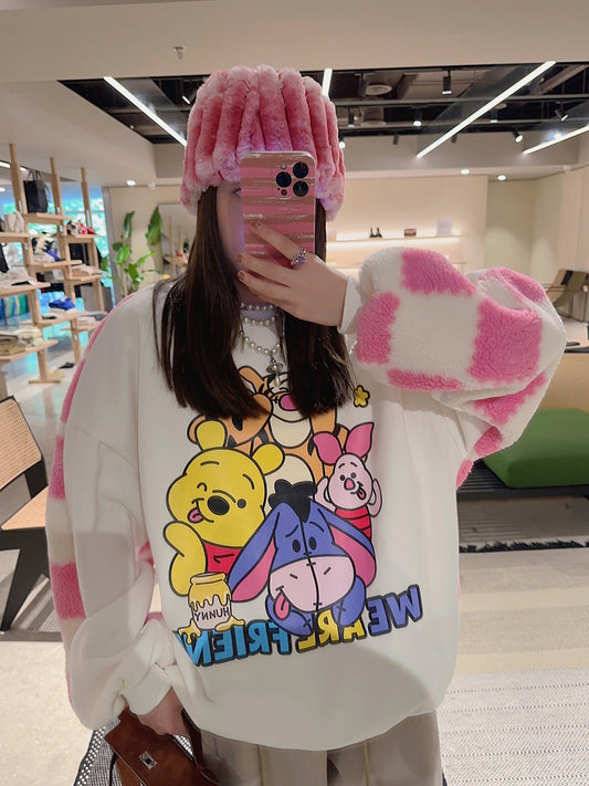 Thebestxue Korean version of plaid animal polar fleece stitching sweater women's autumn and winter 2022 new fleece top trend