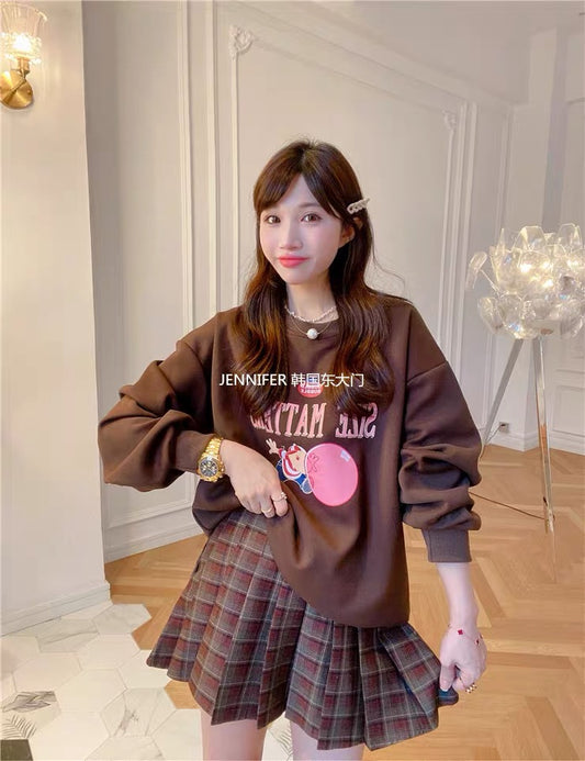 JENNIFER JXLIU Korean Winter~Cute Print Bubble Cartoon Pattern Chocolate Short Sweater