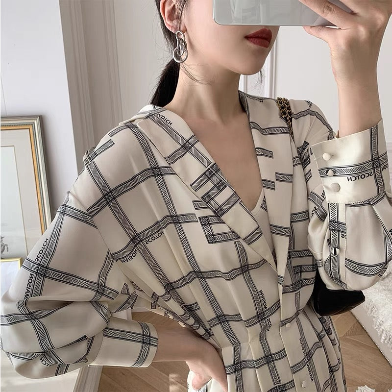 mona original summer shirt skirt buttoned bat sleeves design sense staggered print fake two-piece dress female