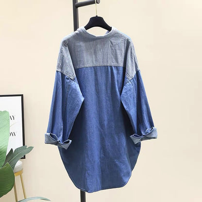 Design sense stitching striped denim shirt women's 2022 spring new French style front short back long top long-sleeved coat