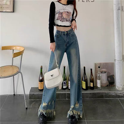 Design sense ripped jeans retro daddy pants female hot girl high waist pants loose straight pants autumn wide leg pants 1114