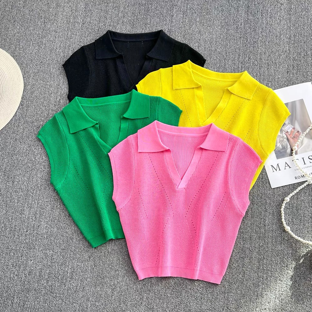 2022 summer Korean version of the V-neck collar slim high waist slim short knitted sweater top Western style exposed navel T-shirt short sleeves
