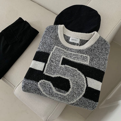 Duolaimei double-sided jacquard color matching 5-character pattern sweater women's autumn and winter loose design casual knitted top