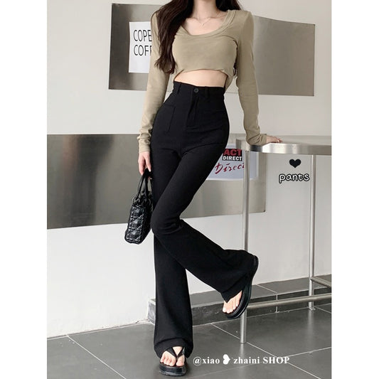 Black casual pants women's 2023 summer new high-waist all-match micro-launched pants straight-leg pants wide-leg pants mopping trousers