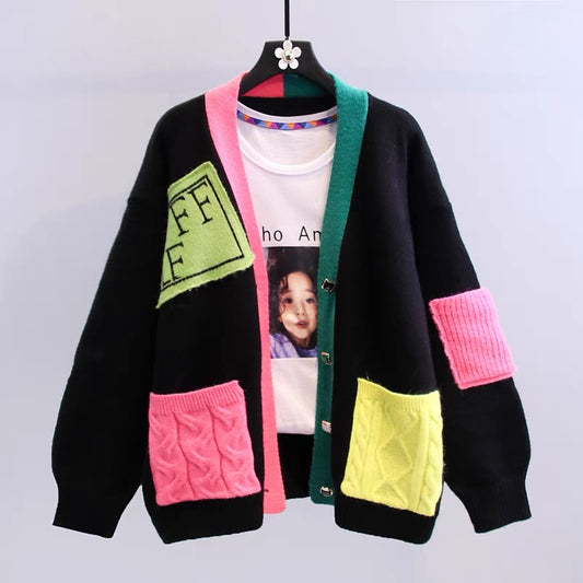 Western-style color-blocking sweater jacket women's autumn and winter 2022 new small fresh design loose and lazy wind knitted cardigan