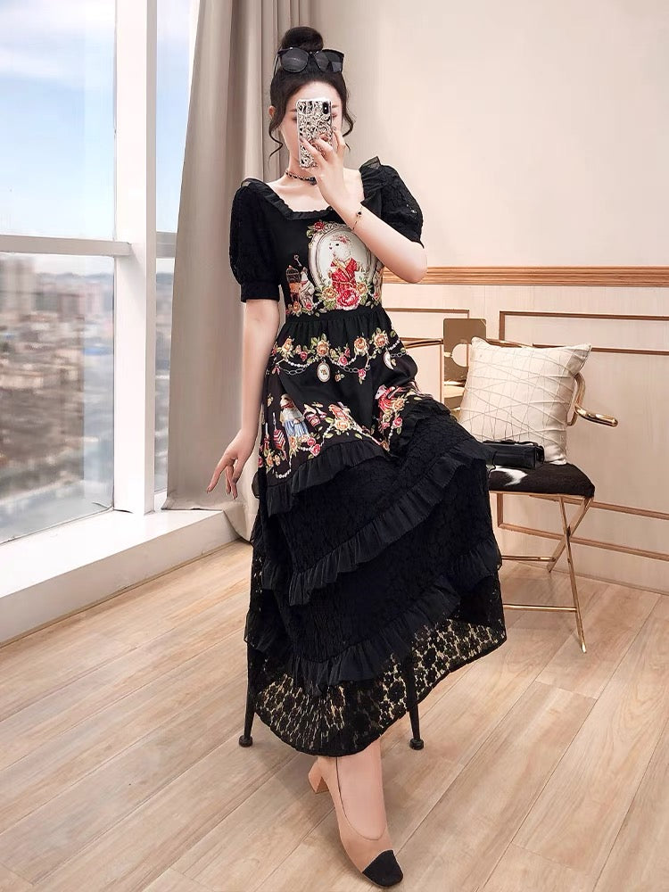 Long skirt is thin and tall summer dress 2022 new women's clothing temperament ladies black retro square collar Hepburn style dress