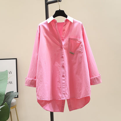 Rose red rear slit cotton shirt women 2023 spring new Korean version loose long-sleeved shirt chic top coat