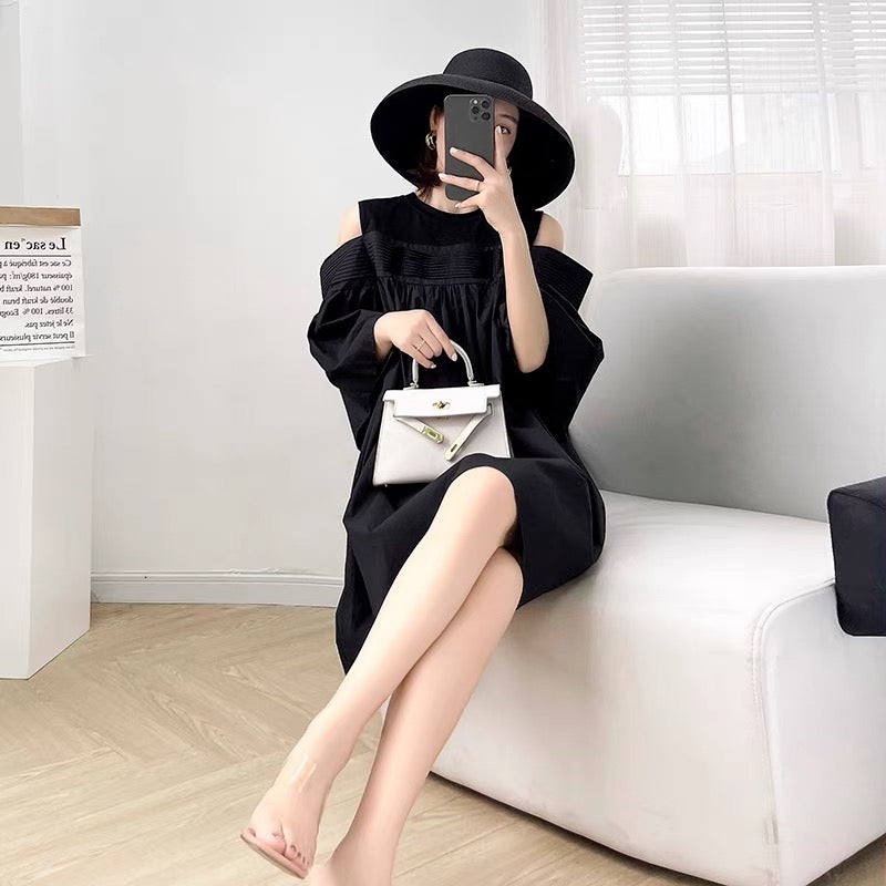 2022 new women's summer solid color fashion design sense mid-length dress women's loose and thin drop-shoulder little black dress