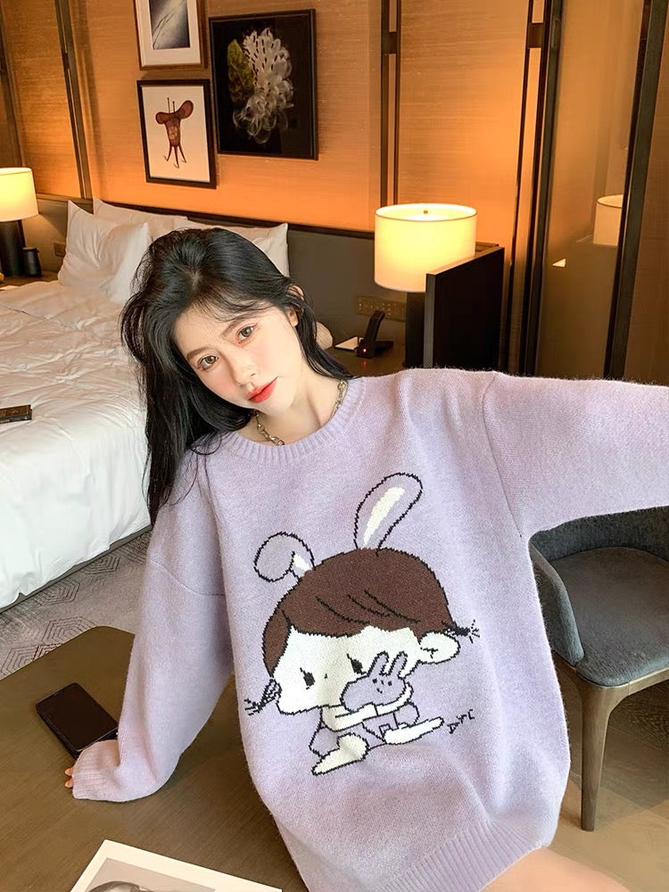 Soft waxy lavender cartoon cute knitted sweater 2022 early autumn new top loose Korean version sweater women's mid-length