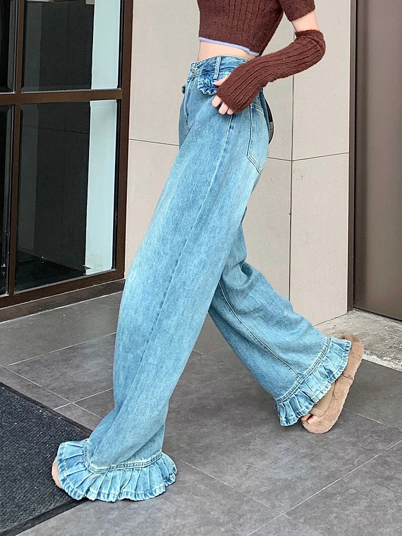 Light-colored retro straight jeans women's spring all-match mopping trousers high waist loose design wide-leg pants