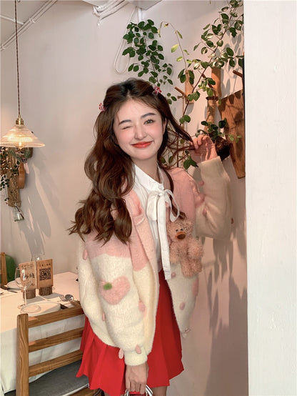 kumikumi sweet age-reducing heavy industry bear love imitation mink knitted cardigan autumn gentle sweater jacket female