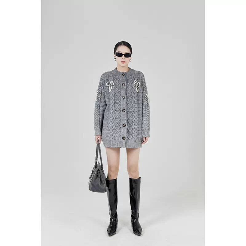 LLL LAB/Gray Sweater Women's Design Sense Retro Twist Korean Gentle Sweater Lazy High Sense Coat 1649