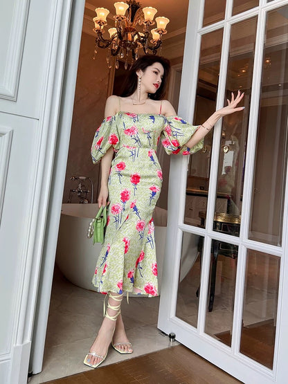 European station one-shoulder puff sleeve fishtail acetate dress summer 2022 new high-end long floral suspender skirt