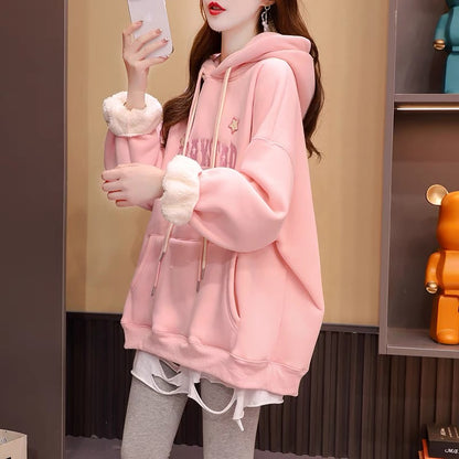 Fleece and thickened hooded sweater women's 2022 new autumn and winter hot style fashion foreign style loose design top coat