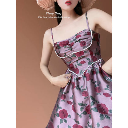 (Pre-Order)Hot girl niche jacquard fabric rose flower French retro puffy dress suspender skirt