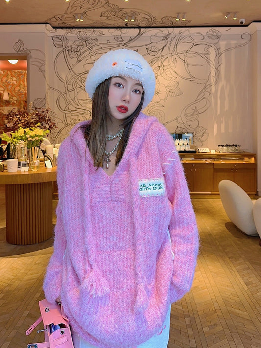 Thebestxue Korean version of fashionable design sense pink hooded drawstring pullover sweater women 2022 autumn and winter new trend