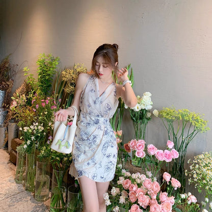 ByYou summer new halter neck V-neck dress women's high-end temperament elegant ink print chiffon short skirt 1145