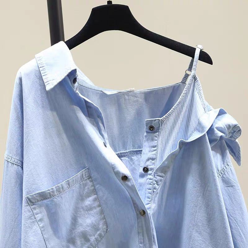 Irregular off-the-shoulder denim shirt women's 2022 spring and summer new loose casual fake two-piece shirt long-sleeved top trendy